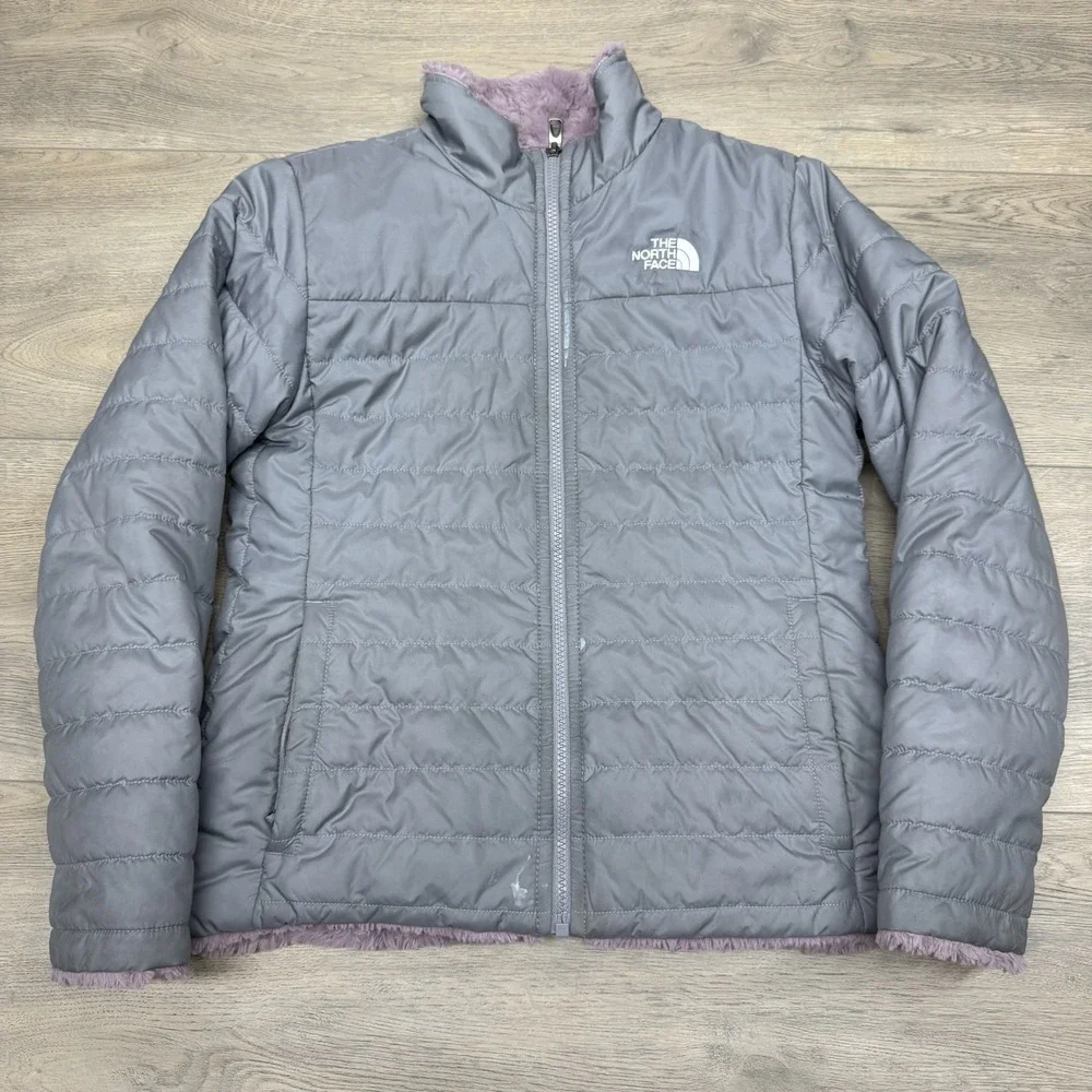 The North Face Gray Pink Puffer Fleece Reversible Jacket Girls Sz L‎ Outdoor